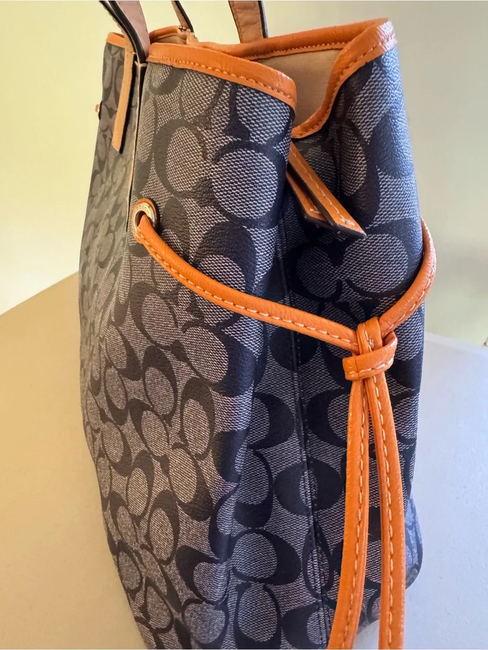 Coach Navy Signature Tote with Orange and Cream Center Stripe and Tan Handles